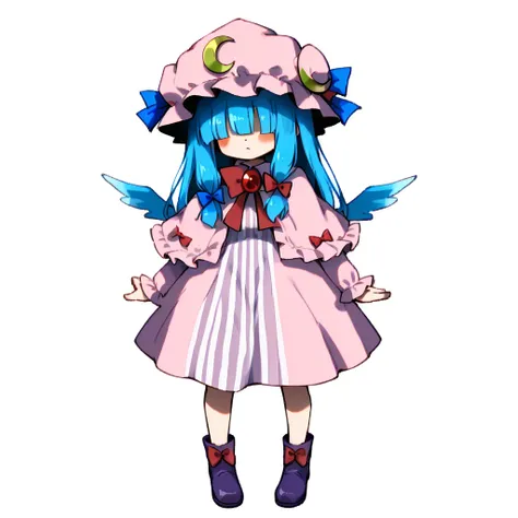 score_9, solo
 <lora:Mahoko:0.8> mahoko, blue hair, wings, hood, hair over eyes, hood up, capelet, gem, purple footwear, blunt bangs, large breasts
 <lora:patchouli-knowledge-cosplay-ponyxl-lora-nochekaiser:0.8> <lora:patchouli-knowledge-cosplay-ponyxl-lor...