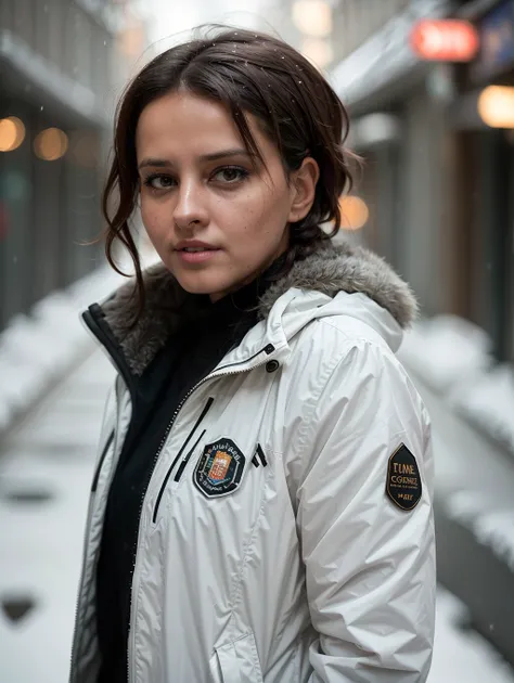 cinematic photo {professional portrait photograph of a gorgeous woman girl in winter clothing with short wavy brown hair, ((sultry flirty look)), freckles, beautiful symmetrical face, cute natural makeup, ((standing outside in snowy city street)), stunning...