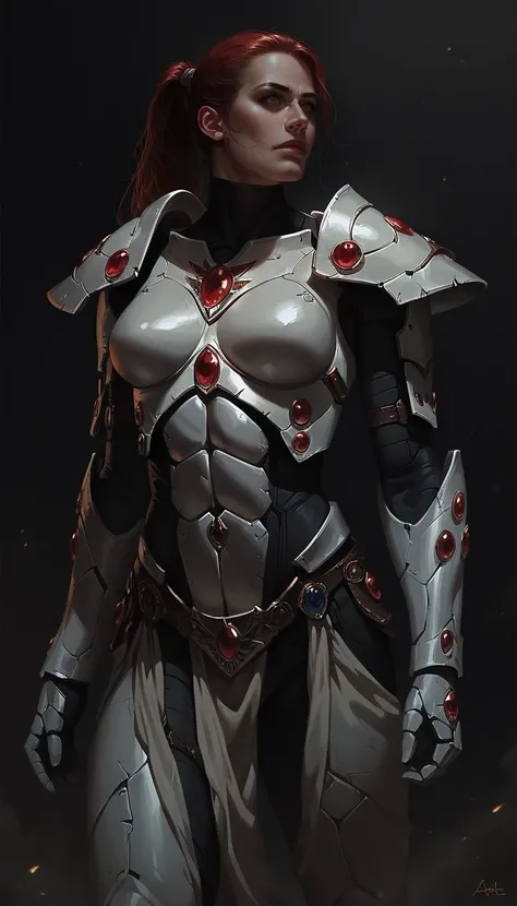 score_9, score_8_up, score_7_up, stubble,  1girl,  fit body, slim,  Aeldari armor, streamlined armor, full body armor, power armor, wh40k,  dynamic pose, white armor, gems, perfect face, detailed eyes, red hair, ponytail, 
<lora:Concept Art DarkSide Style ...