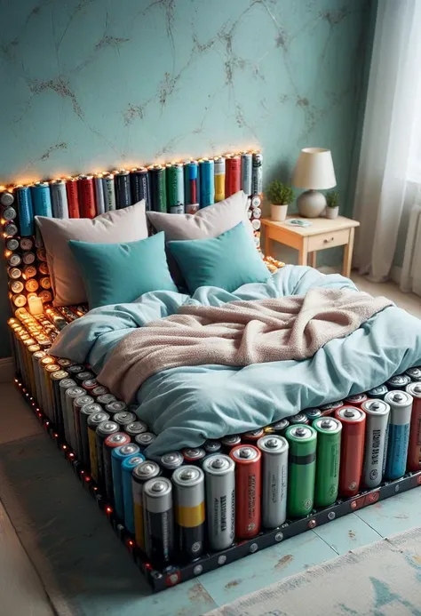 B4TT3R13S, a bed made of batteries,  set in a bedroom, ,Masterpiece,best quality, photo, realistic, very aesthetic