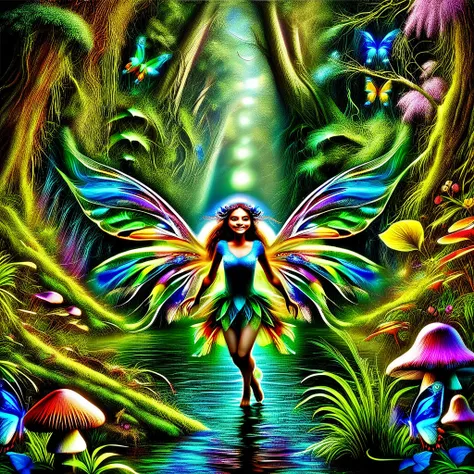 forest, trees, nature, fairies, painting, artwork, river, grass, plants, fantasy forest, magical scenery, fairies, wings, glowing, ethereal light, lush greenery, vibrant flowers, mushrooms, clear river, flowing water, waterfalls, dense foliage, ancient tre...