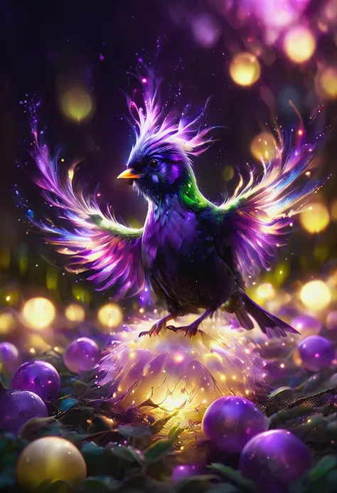 morph-aurora,dark, chiaroscuro, low-key, breathtaking masterpiece showcasing a gorgeous little bird, Violet-crowned nymph,  bathed in soft, golden morning light, surrounded by vibrant bokeh balls that frame its delicate form. <lora:aurora_0_100_V1-000009:1...