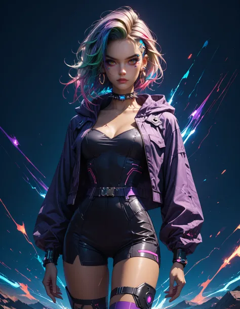 score_9, score_8_up, score_7_up,  full shot, 1girl, 24yo, dynamic pose, dynamic angle,  long legs, toned thighs, thigh gap, sexy, (rebellious cyberpunk hacker), japanese, tan skin, brown eyes, long deep blue spiky hair, plethora of silver hoop earrings ado...