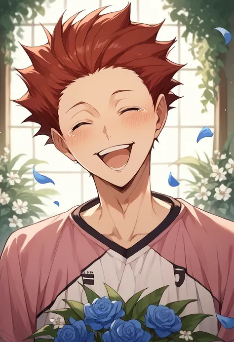 score_9, score_8_up, score_7_up, source_anime, rating_safe, flowers, Tenaikyu, 1boy, male focus, closed eyes, pink shirt, open mouth, wide smile, teeth, laughing, blushing, tears, blurry indoor garden, plants, blue petals, warm lighting,