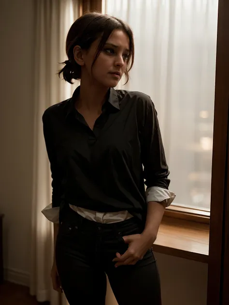 1girl, wear brown shirt, black pants, inside, in an warm apartment, cinematic lighting, rim lighting, (twilight rays)