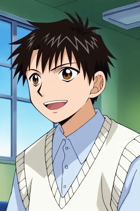 score_9, score_8_up, score_7_up, score_6_up, masterpiece, best quality, amazing quality, best aesthetic, absurdres, intricate details, detailed face, source_anime, kiyomaro takamine, black hair, brown eyes, 1boy, male focus, solo, open mouth, smile, shirt,...