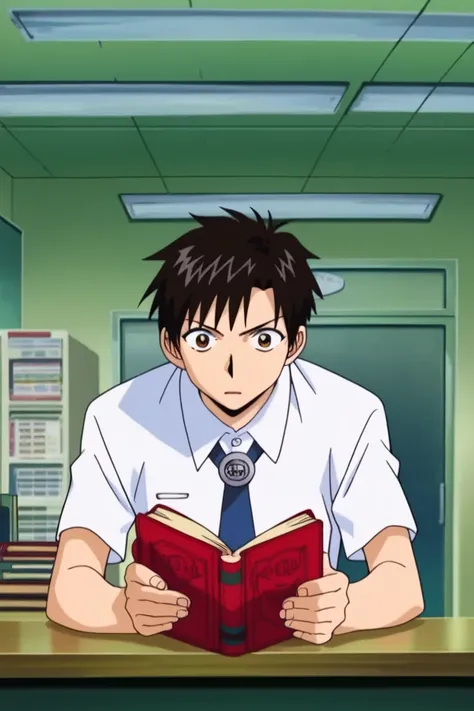 score_9, score_8_up, score_7_up, score_6_up, masterpiece, best quality, amazing quality, best aesthetic, absurdres, intricate details, detailed face, source_anime, kiyomaro takamine, black hair, brown eyes, 1boy, male focus, book, solo, shirt, indoors, clo...