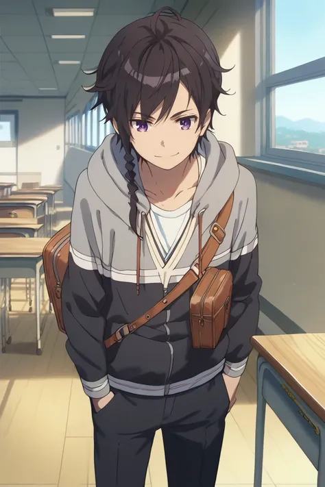 Score_9,score_8_up,score_7_up,Highly detailed, masterpiece, high quality, beautiful, high resolution, good details,1boy,solo,male focus,mezcla5v2,azuma jimon,black hair,purple eyes,braid,single braid,hood,bag,classroom,pants,smile<lora:EMS-434677-EMS:0.800...