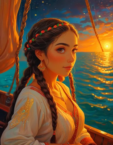 willowy arabian woman with single braid on a boat <lora:novuschroma32 style:1> novuschroma32 style, glowing light, painting