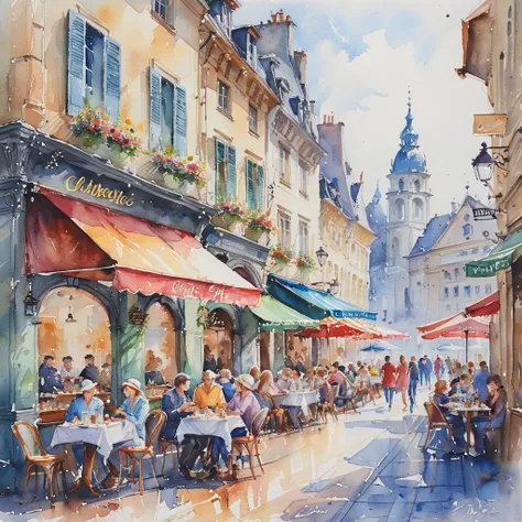 masterpiece, best quality,  <lora:add-detail-xl:1> <lora:ArsMJStyle_-_Watercolor_SD_1.5_Pony:0.8> ArsMJStyle, Watercolor A bustling European cafe street scene, with colorful awnings and people enjoying their afternoon coffee.