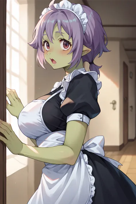 score_9, score_8_up, score_7_up, score_6_up, source_anime, 1girl, solo,  <lora:tsharuna-pdxl-nvwls-v1-000006:1> tsharuna, green skin, large breasts, maid headdress, puffy sleeves, apron, black dress, maid dress, open mouth, blush, from side, hallway, looki...