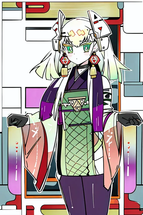 1girl,green eyes,japanese clothes,gloves,earrings,kimono,jewelry,blonde hair,solo,obi,wide sleeves,black gloves,sash,<lora:No－P.U.N.K.セアミン2:0.9>,incredibly absurdres,absurdres,huge filesize,artbook,game cg,<lora:animeoutlineV4_16:1>,