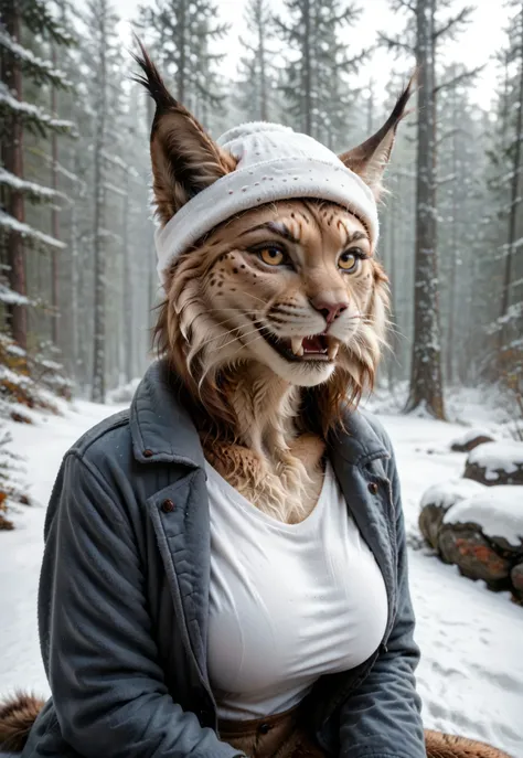 arafed lynx wearing a hat and jacket in a snowy forest