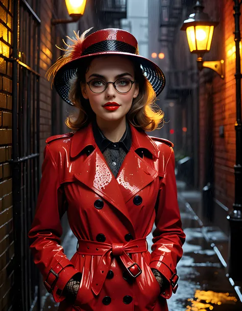 0L1V14R0551, In a noir-inspired, rain-soaked 1940s New York City alleyway, the woman, dressed in a striking red trench coat with a feathered hat and fishnet gloves, poses against a brick wall, her face illuminated by the yellow glow of a solitary streetlig...