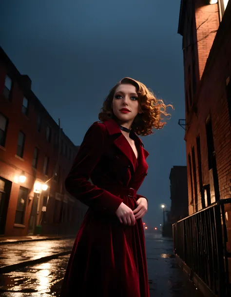 MYR4MN5, In a gritty, noir-inspired setting of rain-soaked cobblestone streets at dusk, a woman with raven-black, cascading curls that shimmer in the dim streetlight, stands on the edge of an abandoned, rusty fire escape, her 1940s-style red velvet dress f...