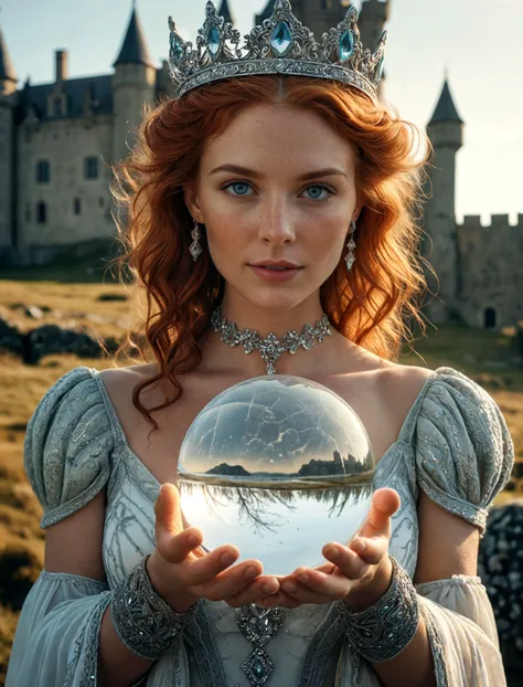 cinematic film still Symmetrical super close up , 1 girl, adult woman, freckles, light blue eyes, ginger textured hair, (looking at the crystal ball in her hand), solo, (full body:0.6), detailed background, close up, cold detailed face, (high fantasy medie...