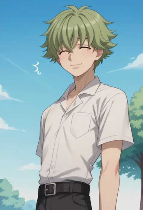 score_9, score_8_up, score_7_up, source_anime, highly detailed, 
sakamoto, 1boy, male focus, solo, closed eyes, green hair, smile, ^^, bangs, hair between eyes, short hair, shirt, white shirt, short sleeves, belt, 
outdoor, sky, tree