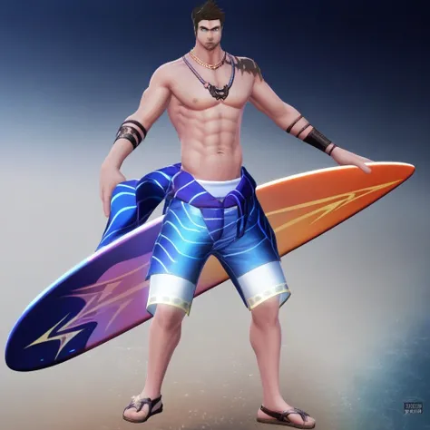 weapon, looking at viewer, 1boy, surfboard, jewelry, topless male, black hair, necklace, brown hair, male focus, beard