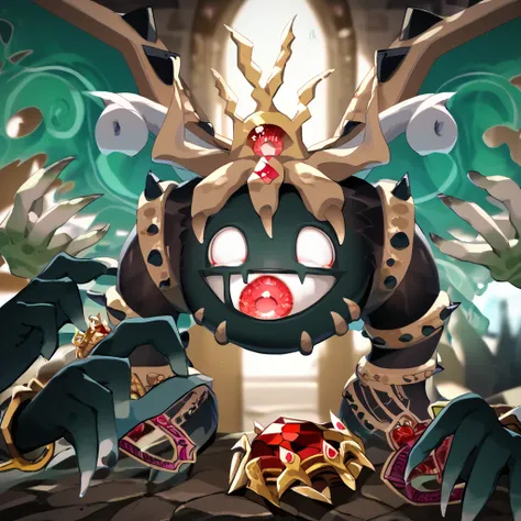 score_9, solo
 <lora:Mahosoul:1> mahosoul, claws, crown, disembodied hand, extra eyes, gem, gold crown, red eyes, red gemstone, solid oval eyes, white eyes, wings, rayman limbs