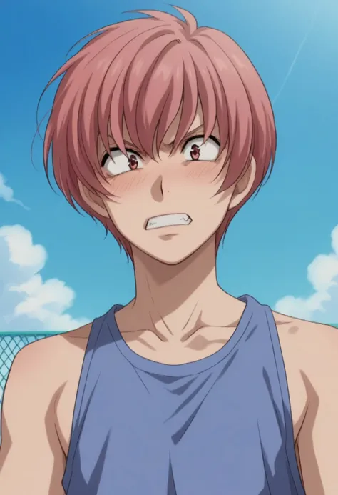 score_9, score_8_up, score_7_up, source_anime, highly detailed, 
mikotoyutaka, solo, pinkeyes, male focus, 1boy, blush, teeth, anger vein,
short hair, pink hair, parody, collarbone, upper body, sleeveless, blue shirt, bangs, hair between eyes,
outdoor, sky...