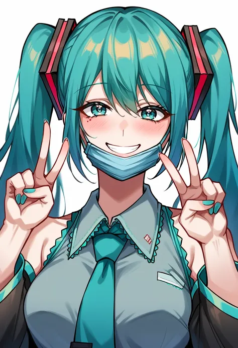 score_9, score_7_up, uncensored, BREAK
1girl, hatsune miku, blue mask, ch1nm4sk,  <lora:m4skpull3d_2:1>, smile, double v