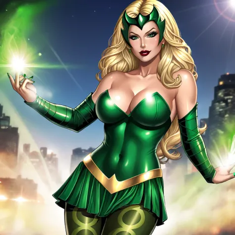 <lora:enchantress_pony_v1:1>  enchantress, 1girl, large breasts, blonde hair, long hair, cleavage, bare shoulders, pantyhose, superhero, covered navel, dress, nail polish, green eyes, detached sleeves, lipstick, makeup, strapless, green nails, skin tight