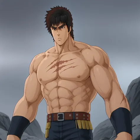 1man, Kenshiro, gray sky, rock, sky, manly, male focus, muscular, topless male, muscular male, standing, scar, scars on the chest, very angry, front view, half body,