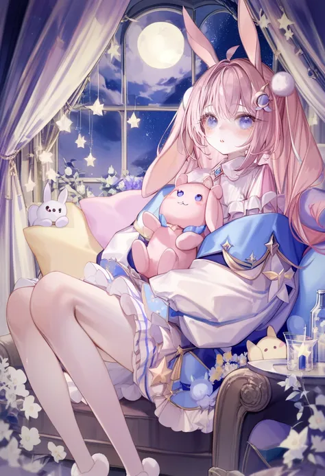 score_9, score_8_up, score_7_up, score_6_up, <lora:yoggiXL_P6_lokr_V43P1:0.95>   1girl, animal ears, moon, solo, long hair, looking at viewer, window, rabbit ears, hair ornament, star (symbol), sleeves past wrists, purple eyes, sky, ahoge, star (sky), stuf...