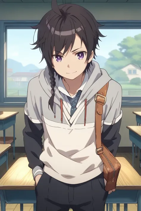 Score_9,score_8_up,score_7_up,Highly detailed, masterpiece, high quality, beautiful, high resolution, good details,1boy,solo,male focus,mezcla5v2,azuma jimon,black hair,purple eyes,braid,single braid,hood,bag,classroom,pants,smile,looking_at_viewer<lora:EM...