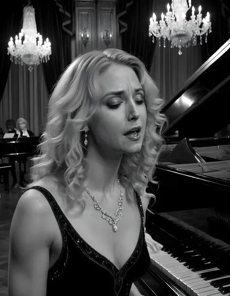 4L1C1AW, In a captivating, black-and-white cinematic shot, the camera focuses on a striking blonde woman with cascading locks, her eyes closed in deep concentration as she gracefully plays an enchanting melody on an ornate, antique piano adorned with intri...