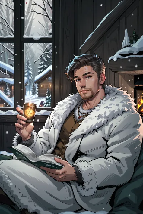 Handsome man wearing a bulky fur coat, sitting in a warm log wood cabin, winter time, cozy scene, warm lighting, snow window in the background, luxurious lodge, professional detailed graphic novel illustration