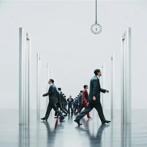 score_9, score_8_up, score_7_up, rating_safe, svrnce, multiple men, formal, suit, black hair, walking, running, black pants, pants, short hair, reflection, clone, jacket, black jacket, reflective floor, clock, door, white background