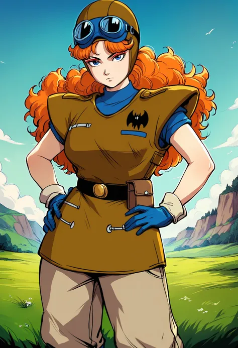 score_9, score_8_up, score_7_up, score_6_up, source_anime, <lora:DBExtraGirl02Pa:0.9>, DBExtraGirl02Pa, blue eyes, long hair, orange hair, curly hair, red eyeshadow, large breasts,
brown armor, blue undershirt, blue gloves, helmet, goggles on headwear, bei...