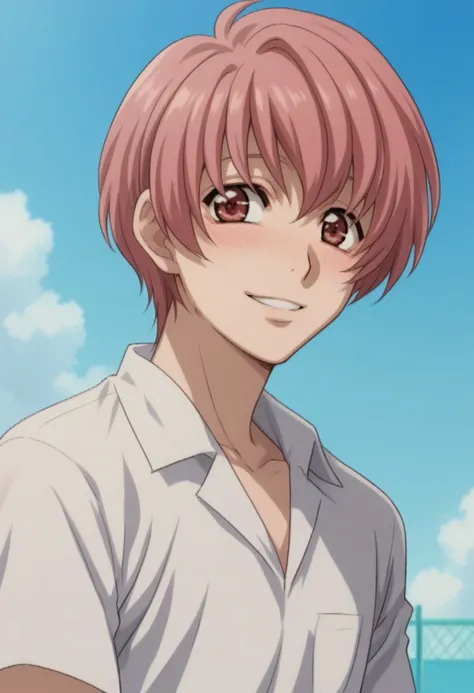 score_9, score_8_up, score_7_up, source_anime, highly detailed, 
mikotoyutaka, solo, 1boy, male focus, pink eyes, smile, shy, blush, shirt,
parody, upper body, pink hair, white shirt, bangs, hair between eyes,
outdoor, sky,