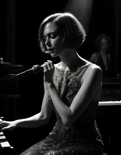 4L1C1AW, In a captivating black-and-white image, the silhouette of a woman with short brown hair and a striking, close-cropped bob cut is illuminated against the dimly lit stage of an intimate jazz club. The subject is seated at a vintage piano, her slende...