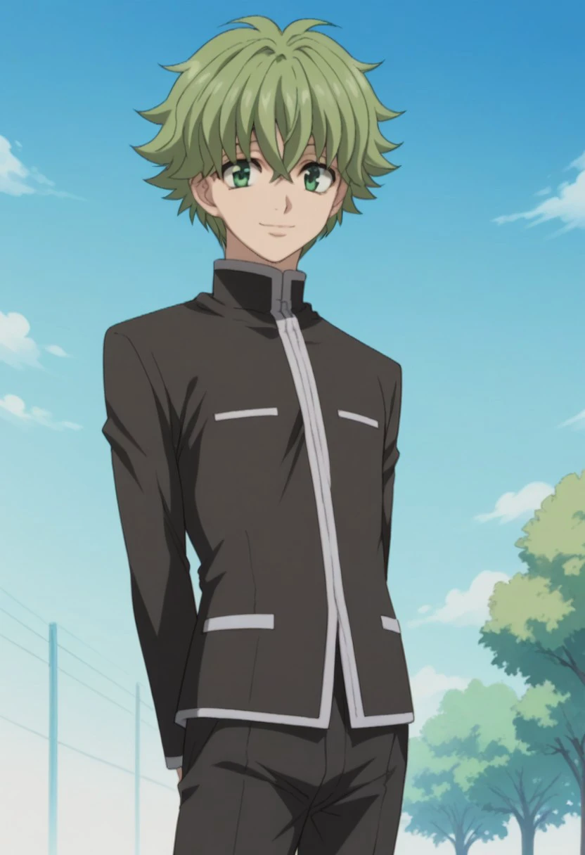 score_9, score_8_up, score_7_up, source_anime, highly detailed, 
sakamoto, 1boy, male focus, solo, green eyes, green hair, smile, looking at viewer, school uniform, closed mouth, gakuran, bangs, hair between eyes, short hair, hands behind back, pants,
outd...