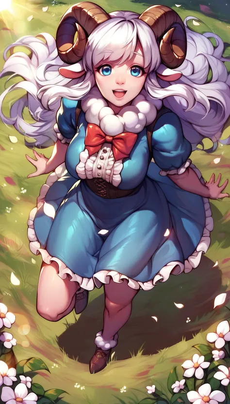 zPDXL2, score_9, score_8_up, score_7_up, score_6_up, score_5_up, score_4_up, solo, outdoors, field, flowers, sunbeam, sheep girl, neck tuft, white hair, sheep horns, blue eyes, blue dress, frills, puffy sleeves, ribbons, bowtie, long hair, lens flare, from...