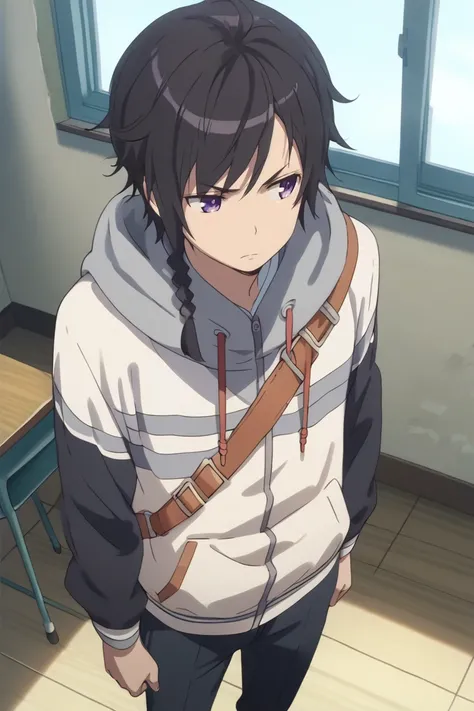 Score_9,score_8_up,score_7_up,Highly detailed, masterpiece, high quality, beautiful, high resolution, good details,1boy,solo,male focus,mezcla5v2,azuma jimon,black hair,purple eyes,braid,single braid,hooded_jacket,classroom,pants,looking to the side,from a...