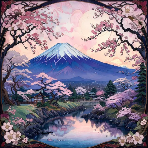 masterpiece, best quality,  <lora:add-detail-xl:1>  <lora:ArsMJStyleSDXL_-_Art_Nouveau:1> ArsMJStyle, Art Nouveau A Japanese-inspired landscape with Mount Fuji in the background, rendered in the flat colors and organic lines of Art Nouveau. Cherry blossoms...