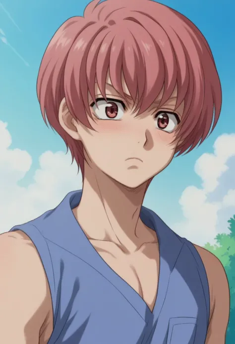 score_9, score_8_up, score_7_up, source_anime, highly detailed, 
mikotoyutaka, solo, pinke yes, male focus, 1boy, blush, frown,
short hair, pink hair, parody, collarbone, upper body, sleeveless, blue shirt, bangs, hair between eyes,
outdoor, sky,