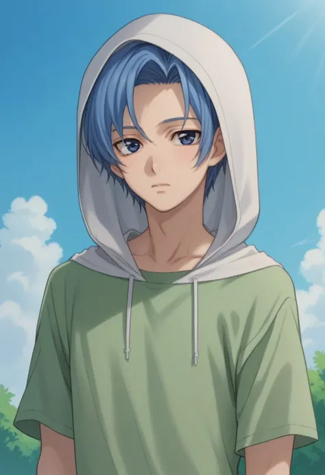 score_9, score_8_up, score_7_up, source_anime, highly detailed, 
solo, blue hair, 1boy, male focus, blue eyes, looking at viewer, shirt,
green shirt, short sleeves, hood, white hood,
outdoor, sky,