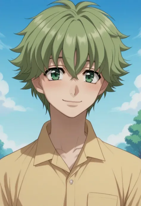 score_9, score_8_up, score_7_up, source_anime, highly detailed, 
sakamoto, 1boy, male focus, solo, green eyes, green hair, smile, bangs, hair between eyes, short hair, polo shirt, yellow shirt, blush,
outdoor, sky, tree