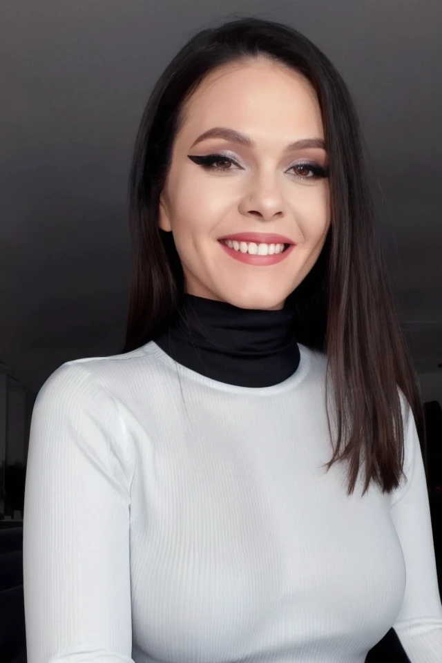 Portrait photo of my5unnyd4y woman, black turtleneck blouse, in a night club, smile+, makeup, detailed face