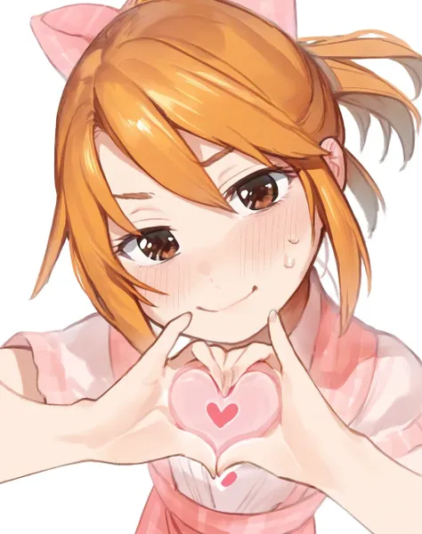 score_9, score_8_up. score_7_up, <lora:littlemini:1>, littlemini,
 1girl, heart hands, yuuki haru, blush, looking at viewer, white background, ponytail, simple background, sweatdrop, short sleeves, white shirt, hair bow, orange hair, brown eyes, apron, pla...