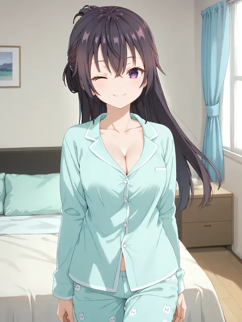 score_9, score_8_up, score_7_up, looking at viewer, bedroom, cozy room, blurry background, cowboy shot, happy, one eye closed, detailed eyes, pajamas, collarbone, cleavage, long sleeves, long pants,
suouyuki_imoto, black hair, long hair, half updo, hair be...