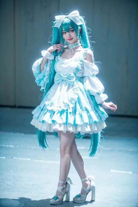 realistic,photorealistic,full body,1girl,solo,smile,looking at viewer,standing,miku cosplay costume,hatsune miku,cosplay,aqua hair,very long hair,twintails,aqua dress,frilled dress,frills,long sleeves,wide sleeves,choker,bow,hair bow,ribbon,wrist cuffs,hig...