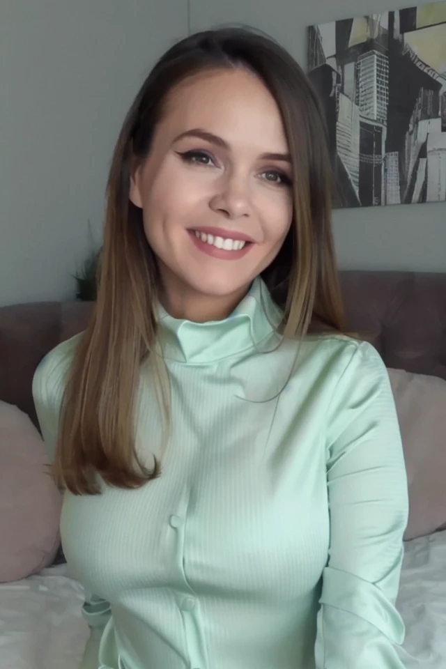 Portrait photo of my5unnyd4y woman, light green turtleneck blouse+, in a bedroom