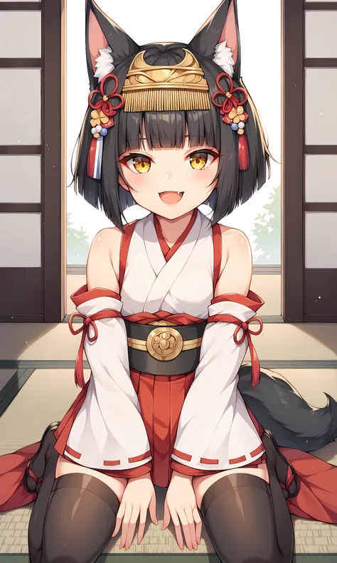 score_9, score_8_up, score_7_up, score_6_up, score_5_up, score_4_up, BREAK source_anime, 1girl, solo, indoors, tatami, cowboy shot, kneeling, looking at viewer, mutsu, yellow eyes, black hair, short hair, blunt bangs, fox ears, fox tail, animal ear fluff, ...