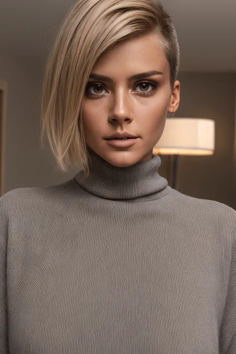 mndngwmn, asymmetrical cut haircut,turtleneck sweater, , (ultra realistic, 8k,high quality), natural lighting, (wearing makeup:1.1),