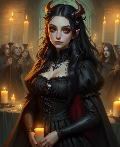 fantafier, zrpgstyle, kaitlyn michelle siragusa in a black dress holding a bunch of candles, gothic romance fantasy aesthetic, contest winner, macabre, outfit, dusk, asmodeus, edgar allan poe